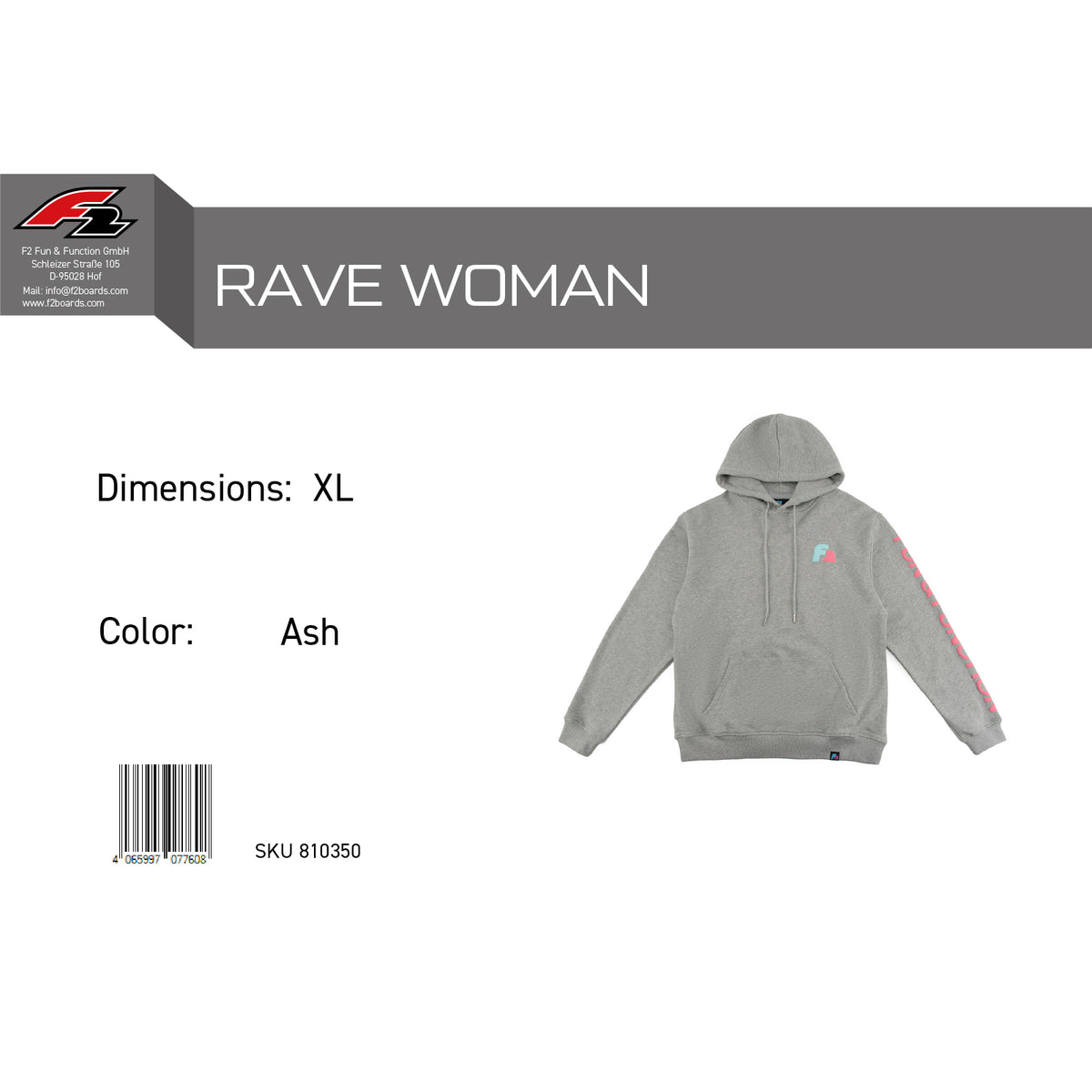F2 Retro Rave Hoodie Ash Damen Sweatshirt Pullover Grau - Größe wählbar