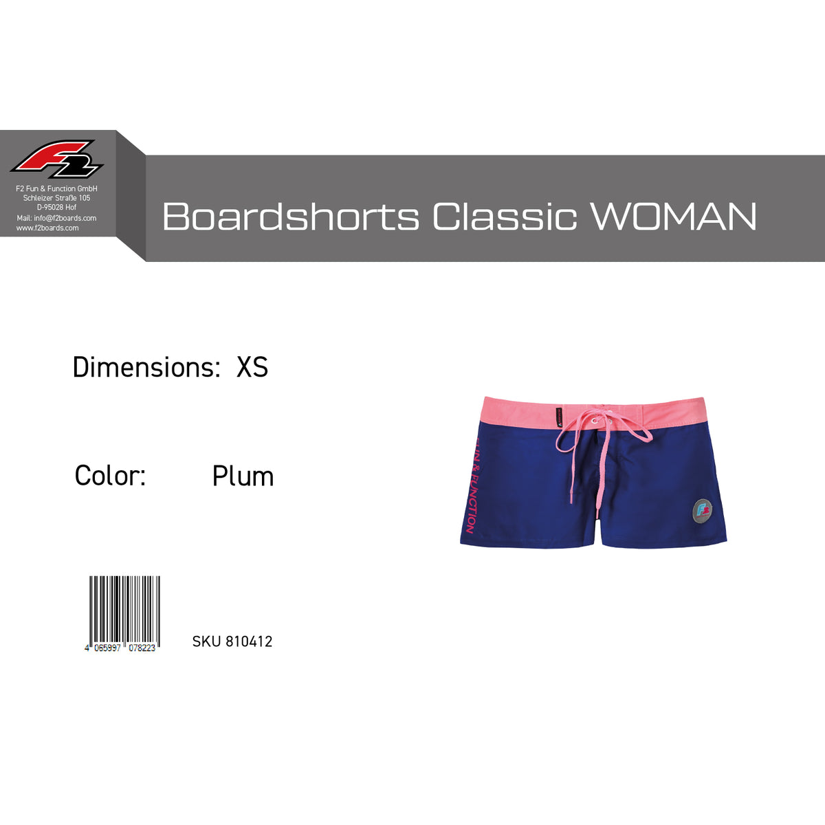 F2 Retro Boardshorts Classic Plum Damen Badeshorts Kurz Lila - Größe wählbar