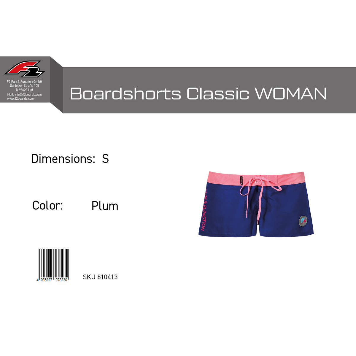 F2 Retro Boardshorts Classic Plum Damen Badeshorts Kurz Lila - Größe wählbar