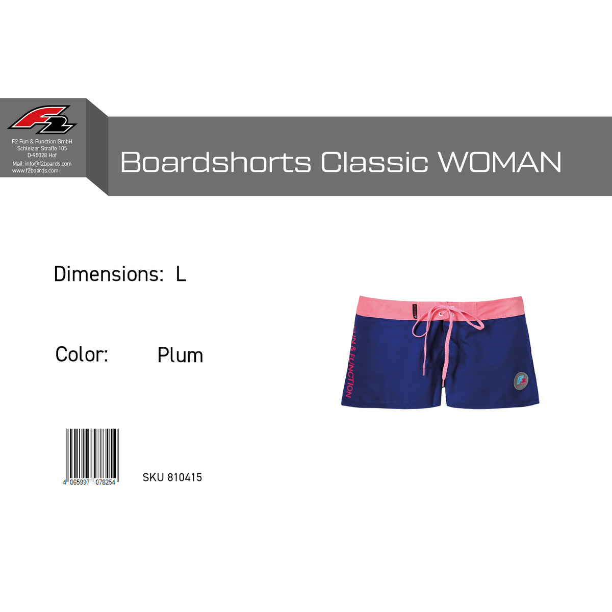 F2 Retro Boardshorts Classic Plum Damen Badeshorts Kurz Lila - Größe wählbar
