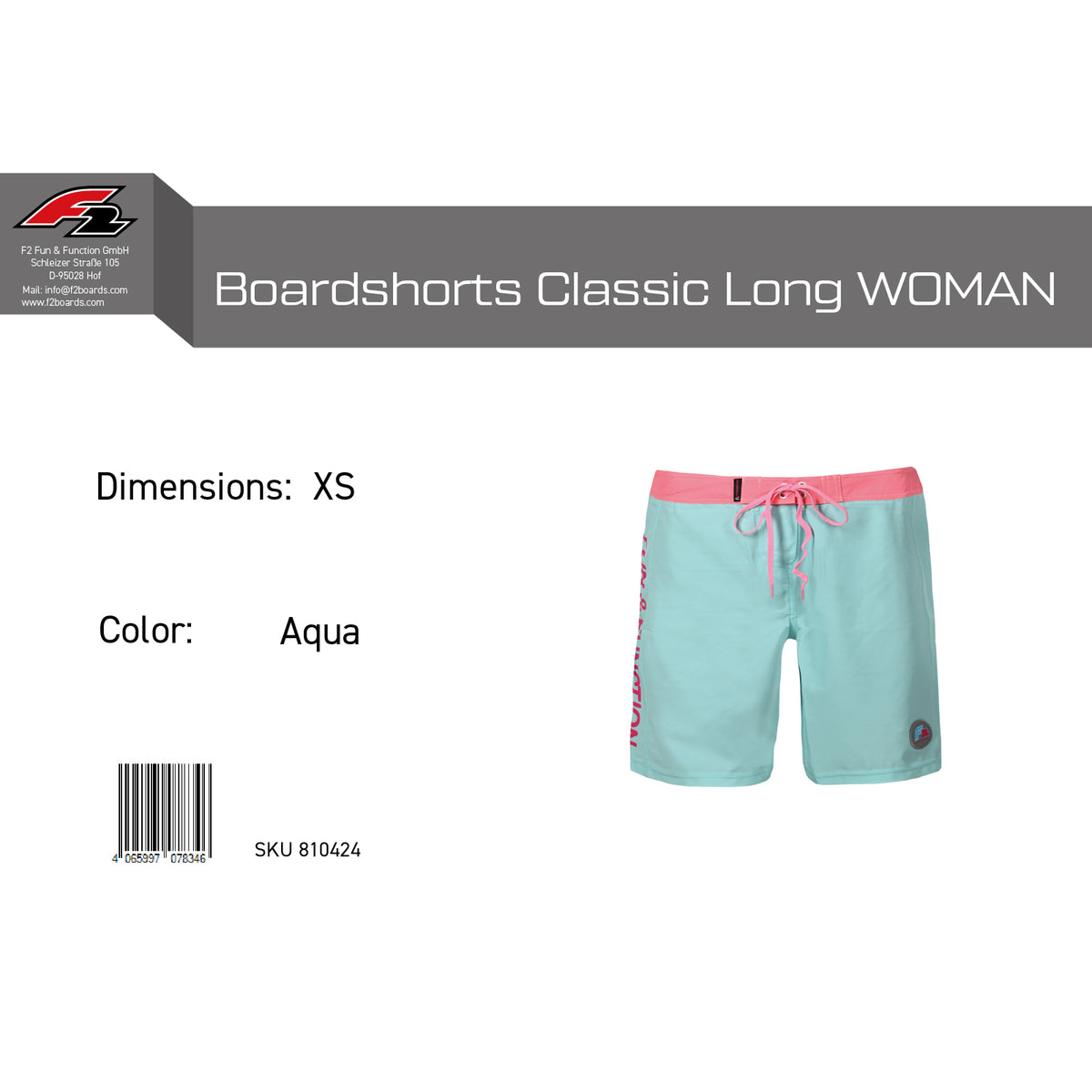 F2 Retro Boardshorts Classic Long Aqua Women's Swimming Shorts Long - Size Selectable