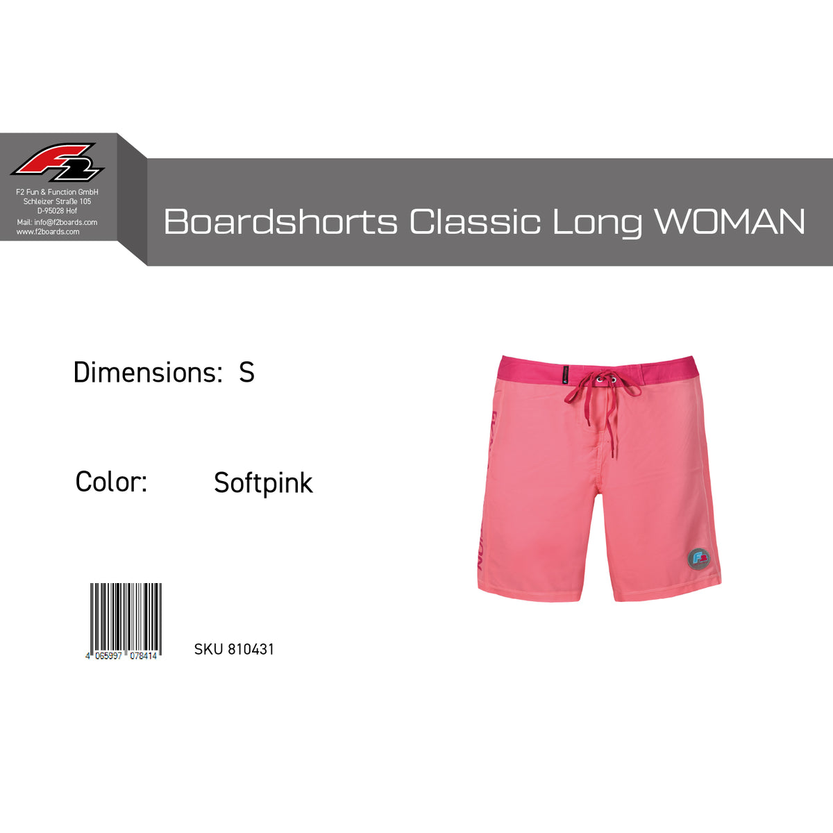 F2 Retro Boardshorts Classic Long Softpink Damen Badeshorts Lang - Größe wählbar