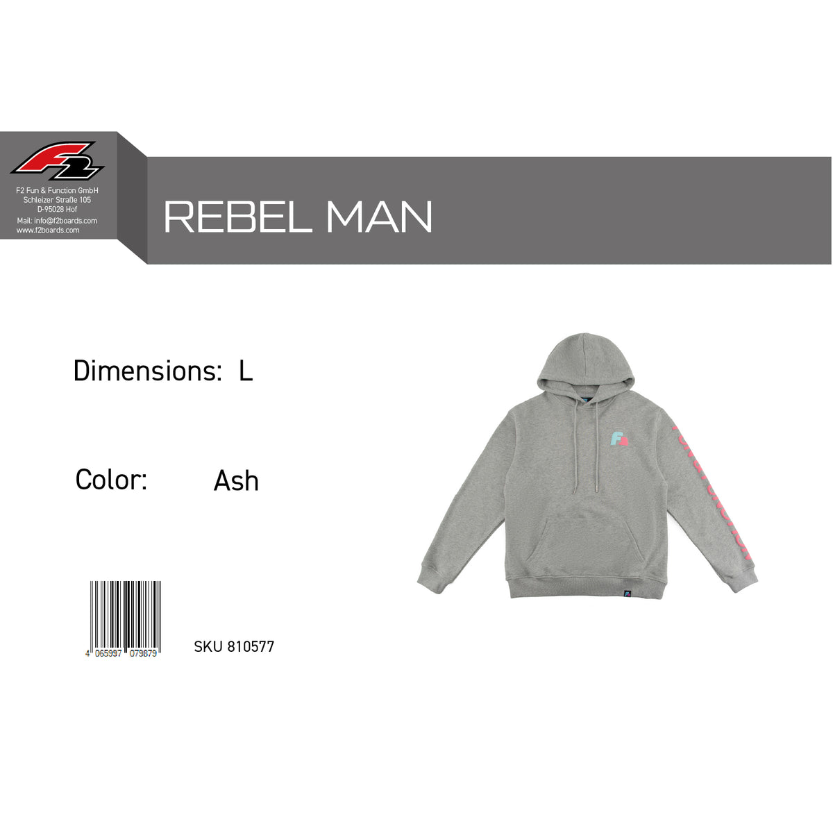 F2 Retro Rebel Hoodie Ash Sweatshirt Pullover Grau - Größe wählbar