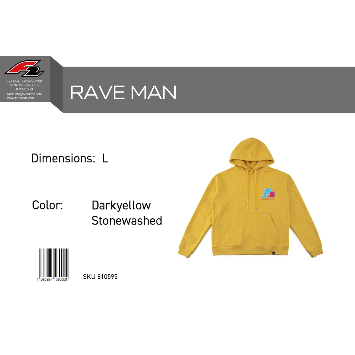 F2 Retro Rave Hoodie Darkyellow Stonewashed Sweatshirt Pullover - Größe wählbar