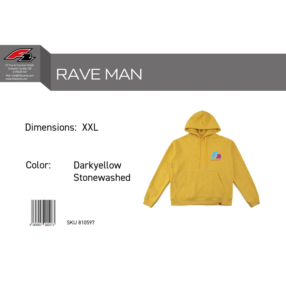 F2 Retro Rave Hoodie Darkyellow Stonewashed Sweatshirt Pullover - Größe wählbar