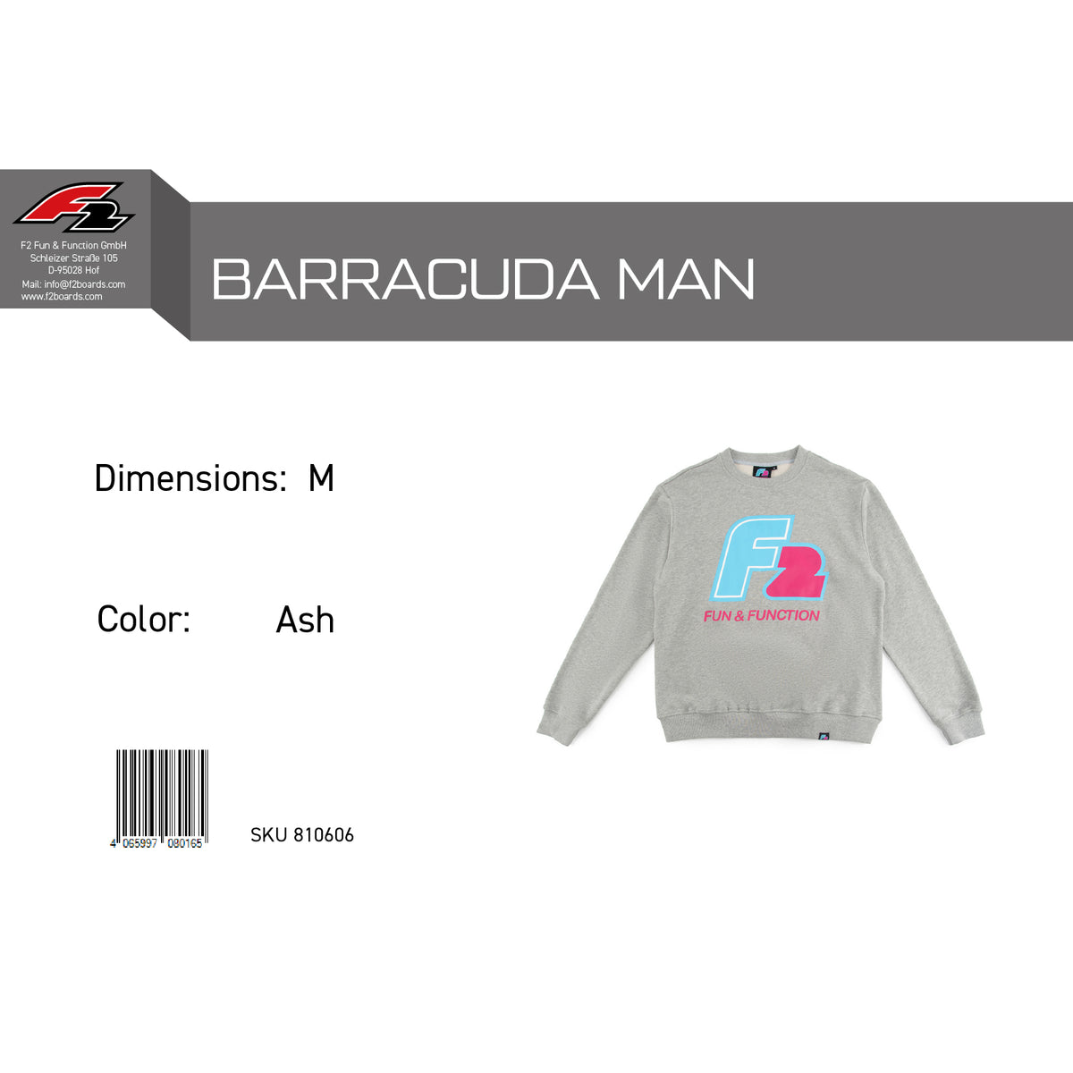 F2 Retro Barracuda Pullover Ash Grau - Größe wählbar