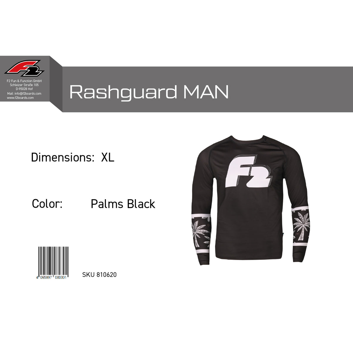 F2 Retro Rashguard Palms/Black Funktionsshirt Wassersport - Größe wählbar