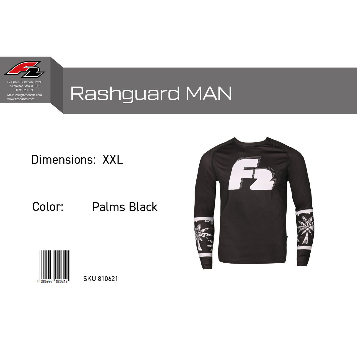 F2 Retro Rashguard Palms/Black Funktionsshirt Wassersport - Größe wählbar