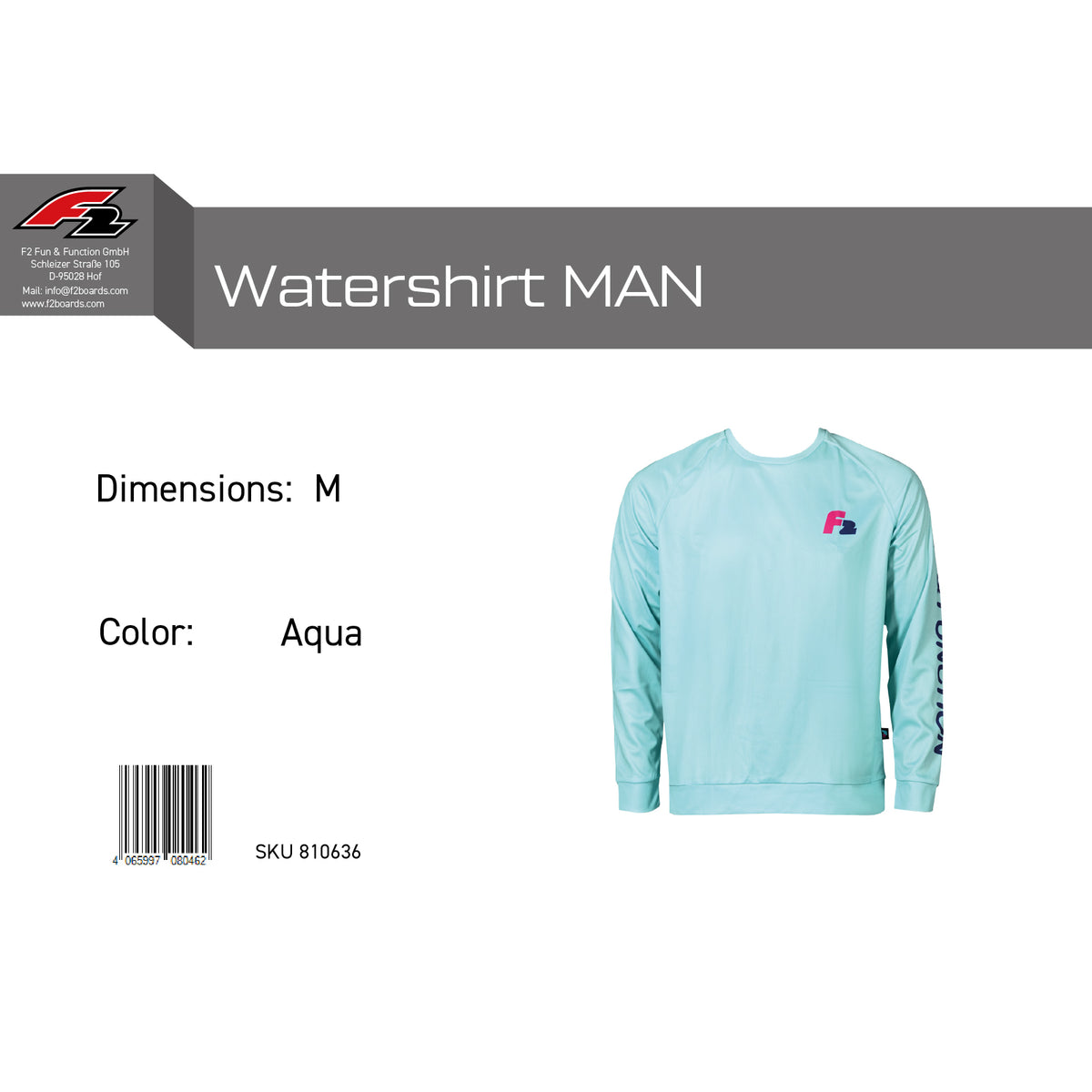 F2 Retro Watershirt Aqua Functional Shirt Water Sports Blue - Size selectable