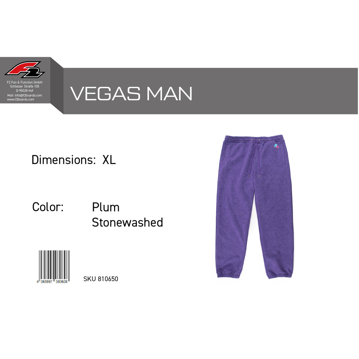F2 Retro Vegas Joggers Plum Stonewashed Purple - Size selectable