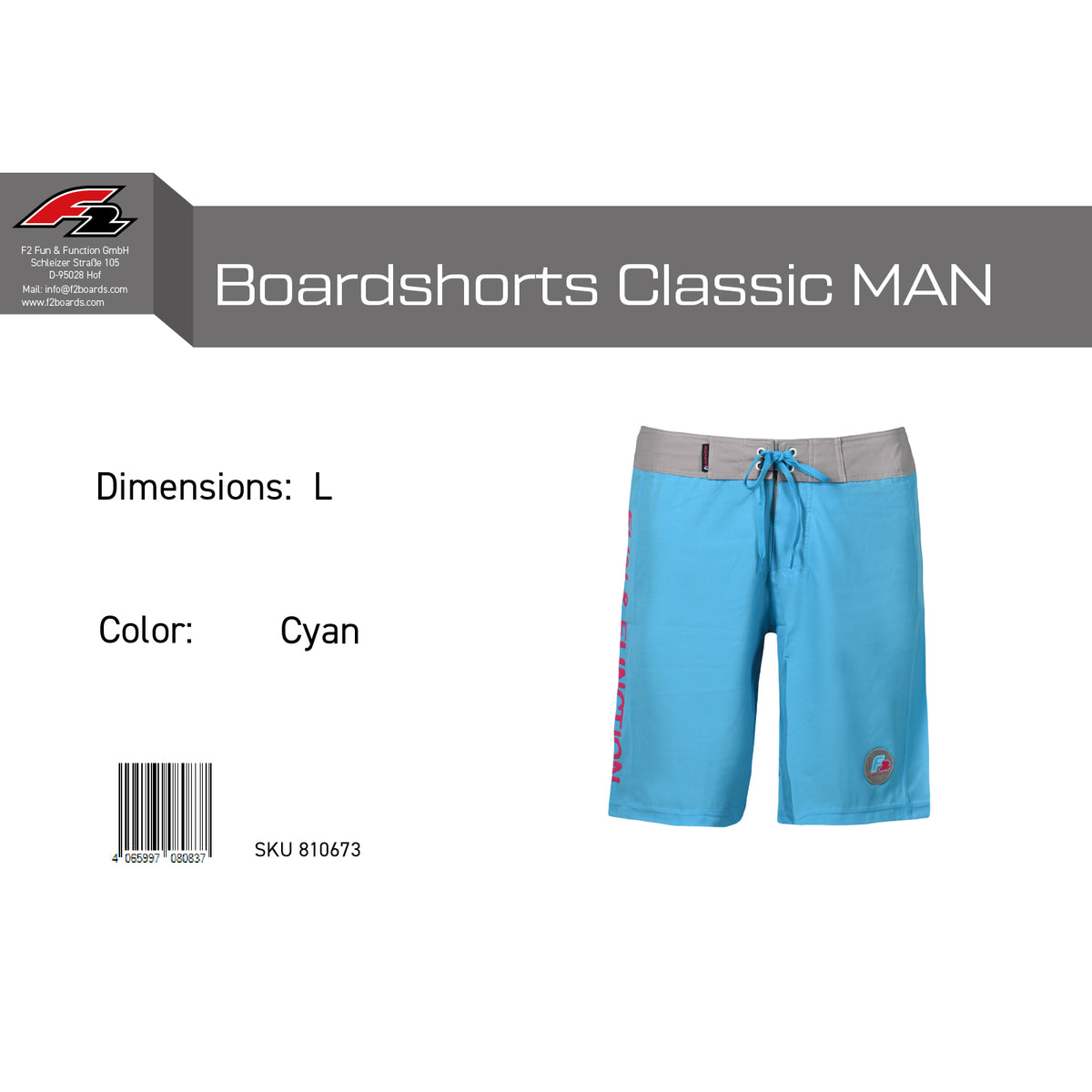 F2 Retro Boardshorts Classic Cyan Swim Shorts Blue - Size selectable