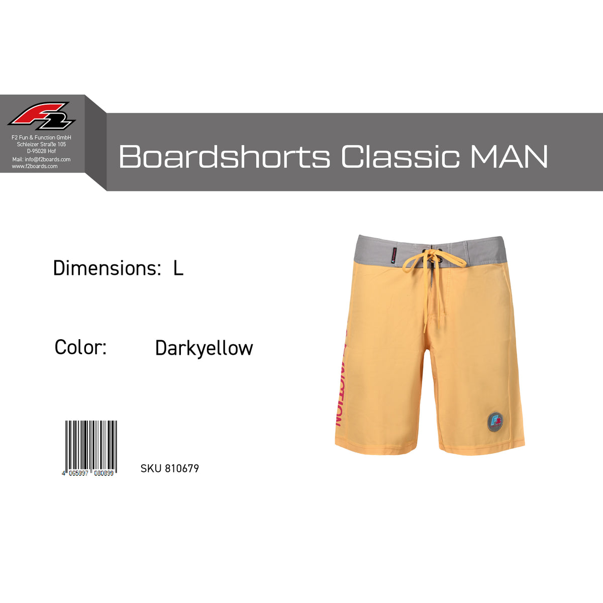 F2 Retro Boardshorts Classic Swim Shorts Yellow - Size selectable