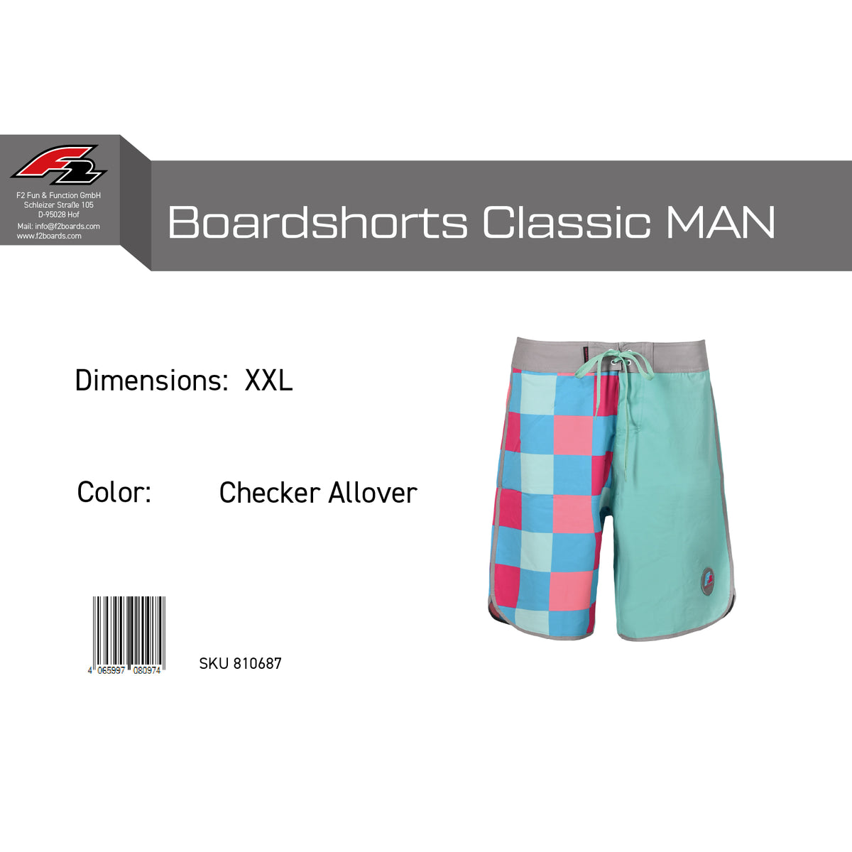 F2 Retro Boardshorts Classic Checker Oceangreen Badeshorts - Größe wählbar