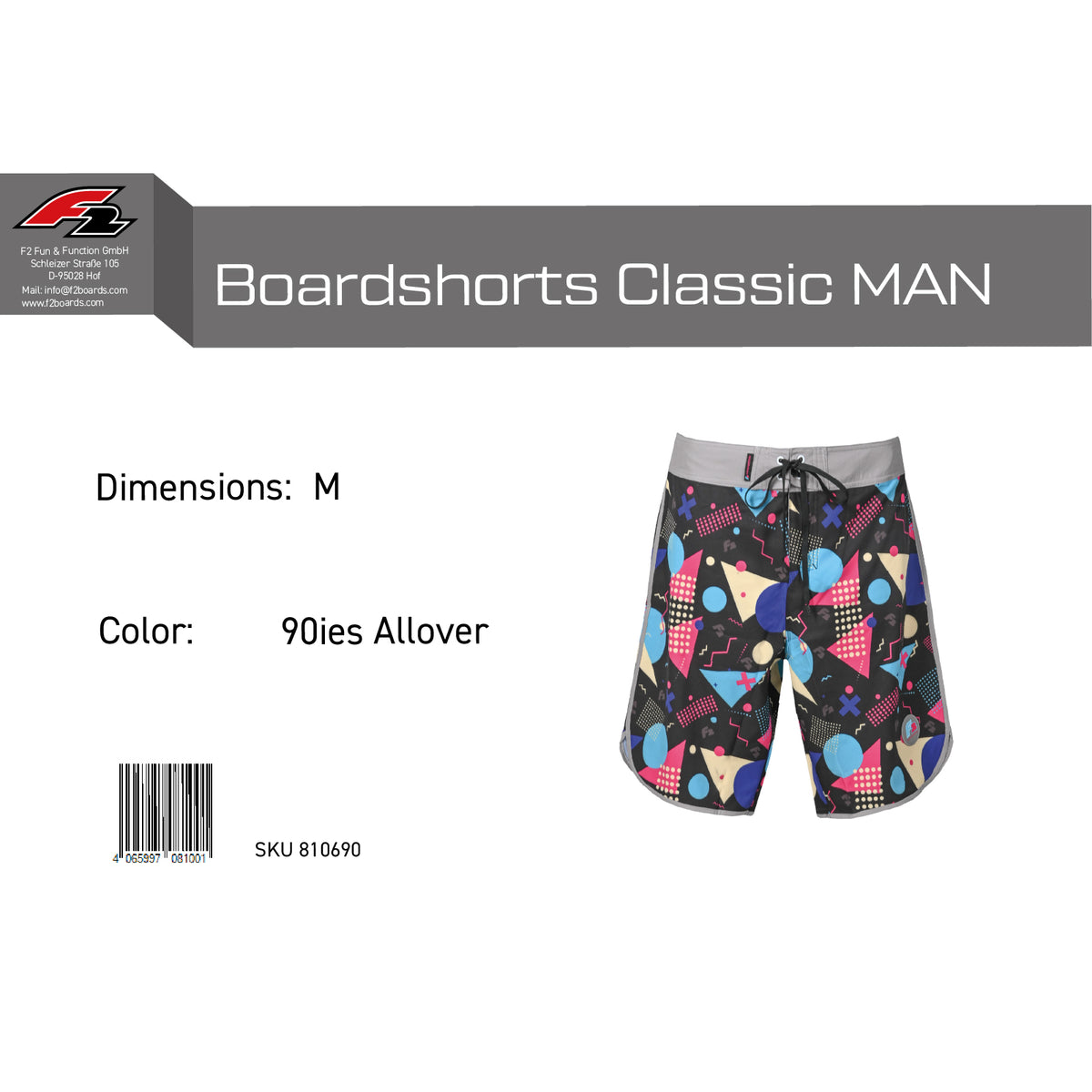 F2 Retro Boardshorts Classic 90´s Allover Badeshorts Schwarz - Größe wählbar