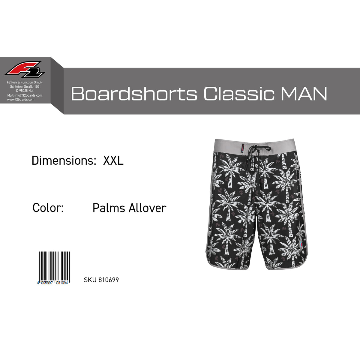 F2 Retro Boardshorts Classic Palms Allover Badeshorts Schwarz - Größe wählbar