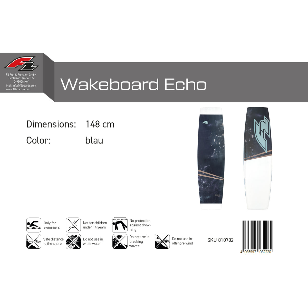 F2 Wakeboard Echo Blue 145cm/148cm/153cm - Size selectable