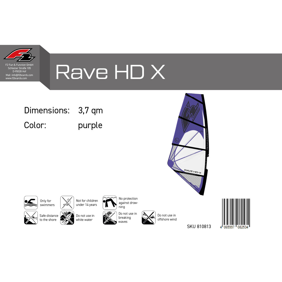 F2 Windsurf Segel Rave HD X Lila 2,2qm-6qm - Größe wählbar