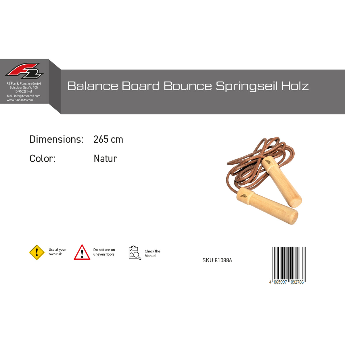 F2 Balance Board Bounce Jump Rope Wood 265cm Natural