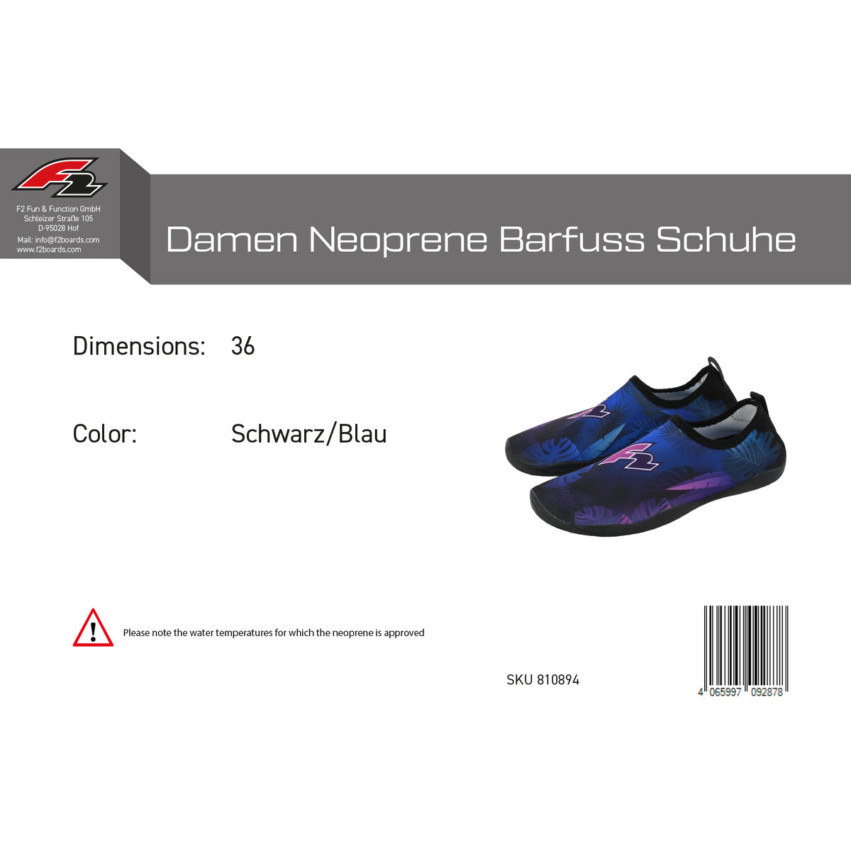 F2 Damen Neopren Schuhe Barfuss Schuhe Schwarz/Blau - Größe wählbar