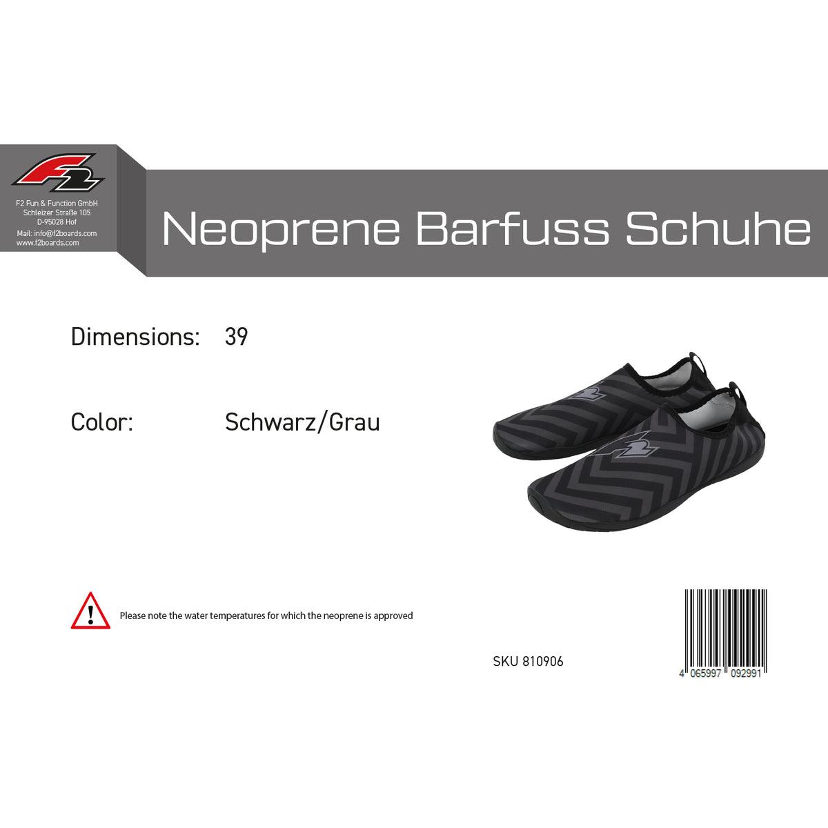 F2 Neoprene Shoes Barefoot Shoes 38 Black/Grey