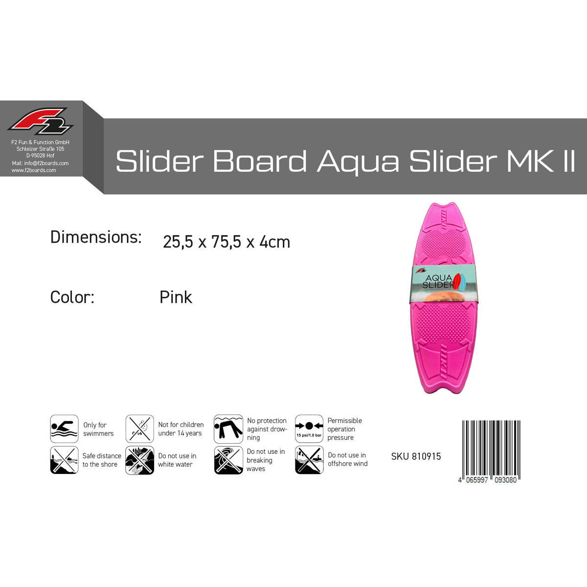 F2 Skim Board Aqua Slider MK II 25.5 x 75.5 x 4cm Pink