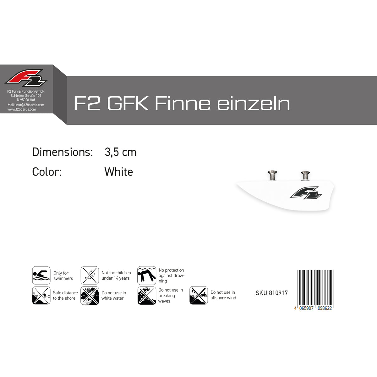 F2 Kiteboard fin GRP fin single white - size selectable