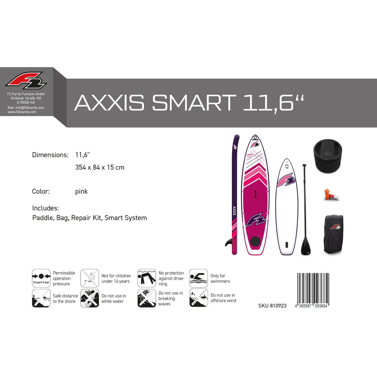 F2 Stand Up Paddle Board AXXIS SMART Women's SUP with E-Pump, size selectable