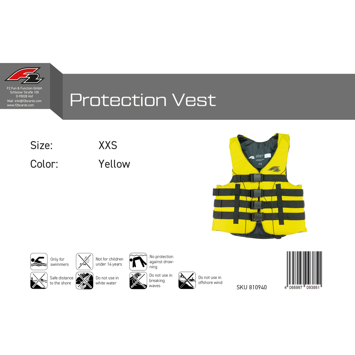 F2 Junior Swimming Aid Vest Buoyancy Aid 50N Yellow - Size Selectable