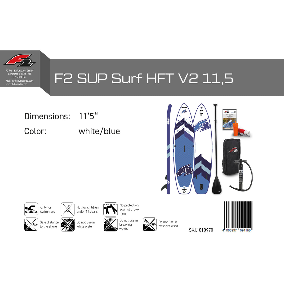 F2 SUP Stand Up Paddle Board Surf HFT White/Blue - Size selectable