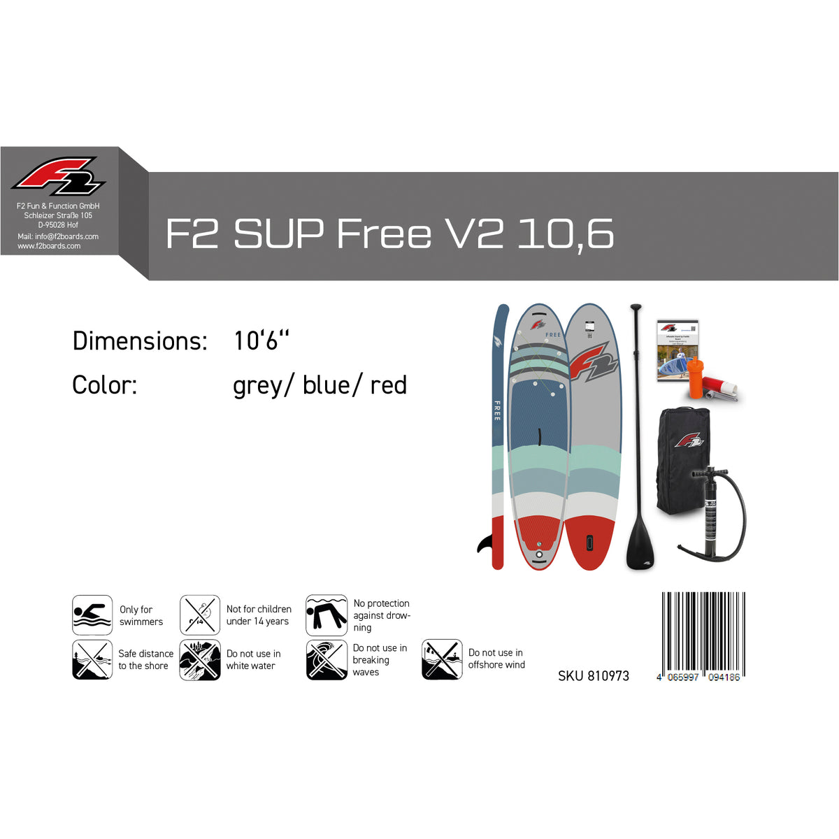 F2 SUP Stand Up Paddle Board Free - Farbe/Größe wählbar