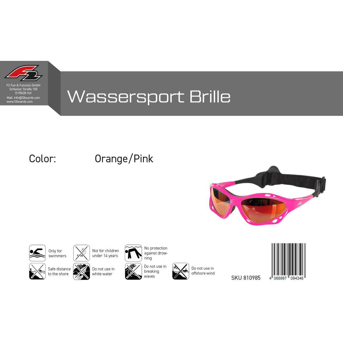 F2 Sports Glasses Watersports Wakeboard Kite Surf Goggles One Size Pink/Red
