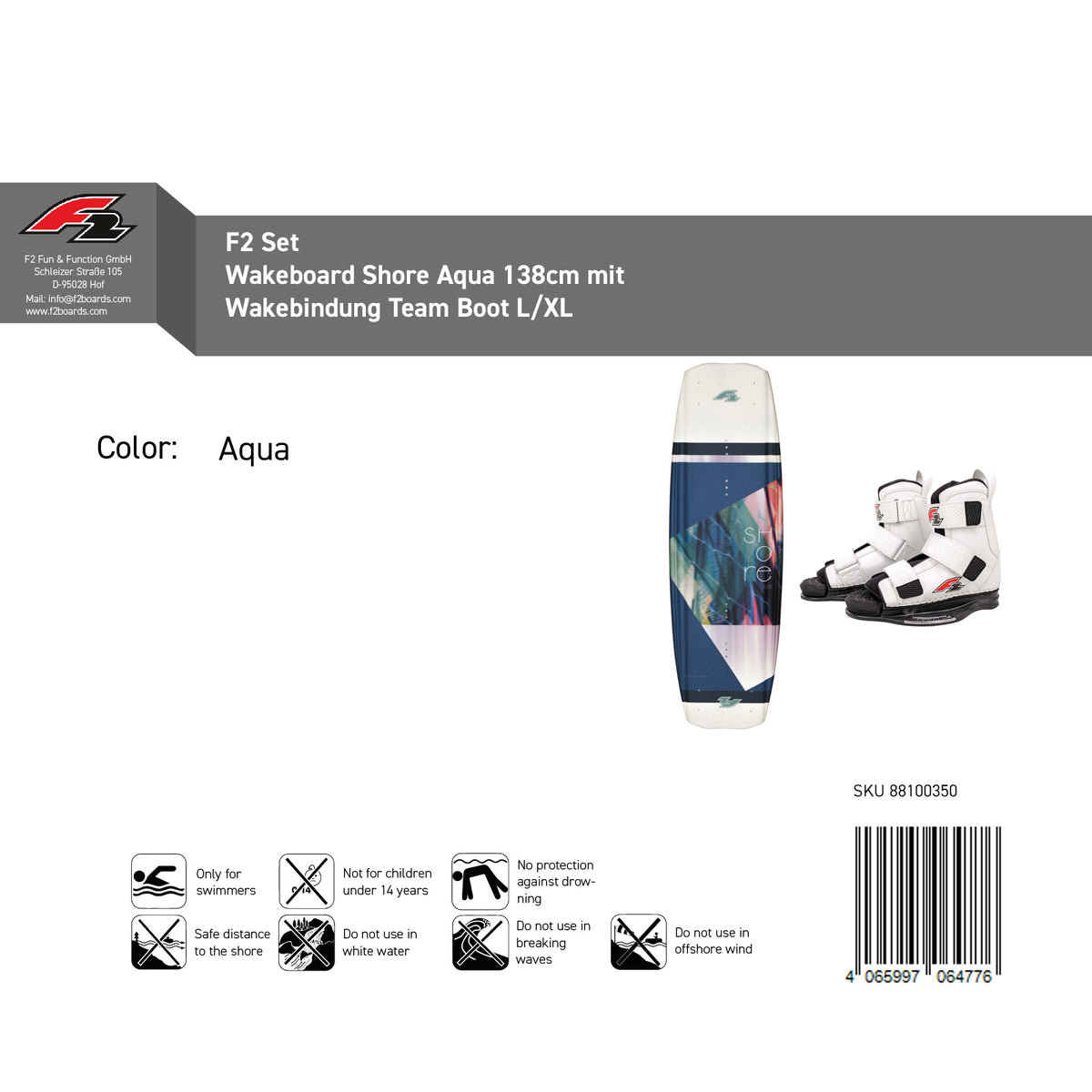 F2 Set Wakeboard Shore Aqua 138cm mit Wakebindung Team Boot L/XL