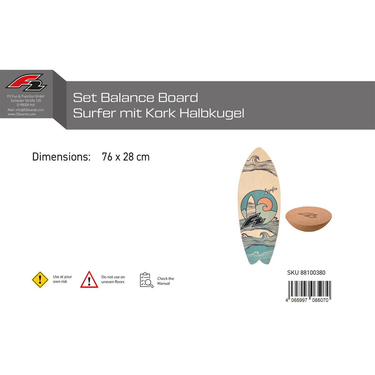 F2 Set Balance Board Surfer 76x28cm mit Kork Halbkugel
