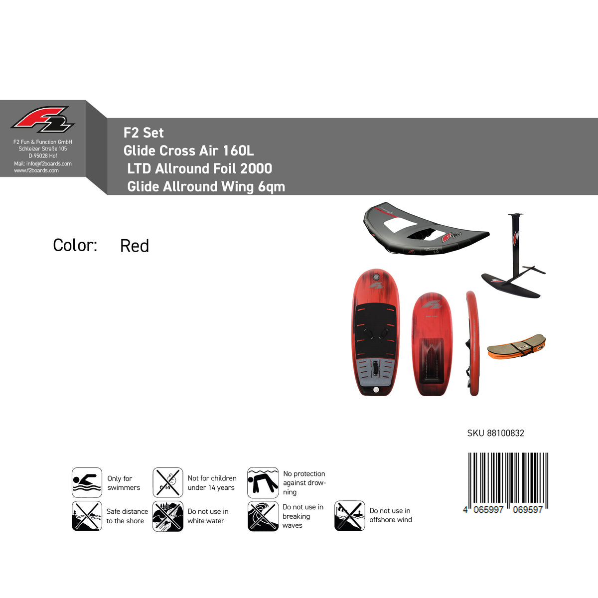 F2 Set Foilboard Glide Cross Air + Alu Limited Foil + Allround Wing Komplettset Größen wählbar