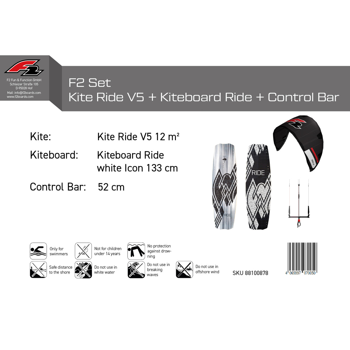 F2 Set Kite Ride V5 with Kiteboard Ride White Icon and Control Bar Complete Set, Sizes Selectable