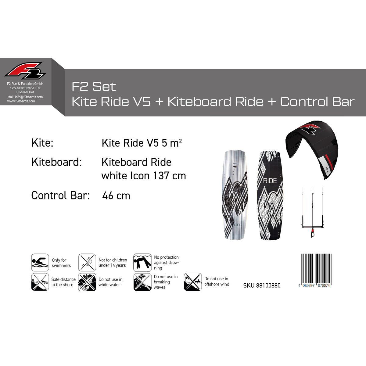 F2 Set Kite Ride V5 with Kiteboard Ride White Icon and Control Bar Complete Set, Sizes Selectable