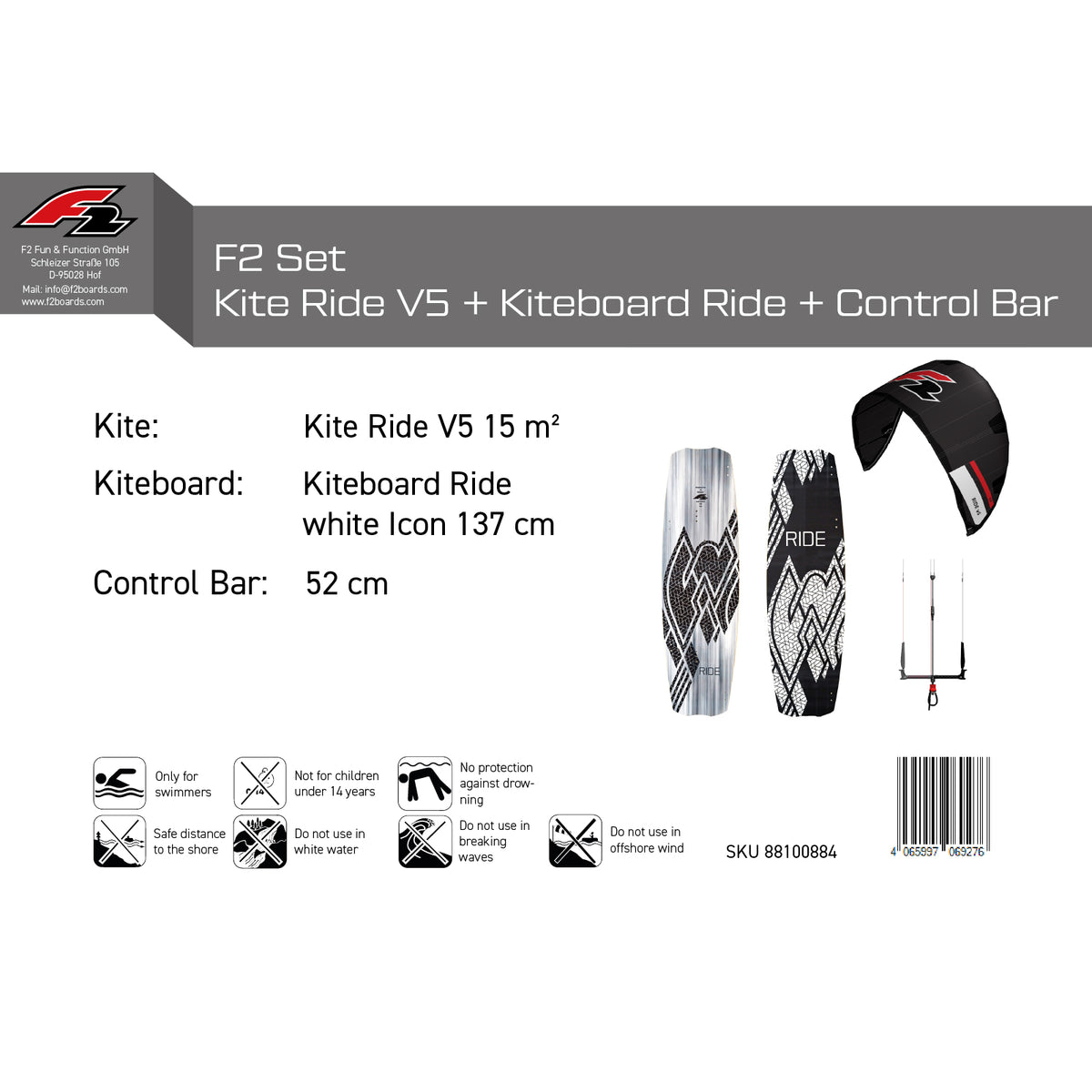 F2 Set Kite Ride V5 with Kiteboard Ride White Icon and Control Bar Complete Set, Sizes Selectable