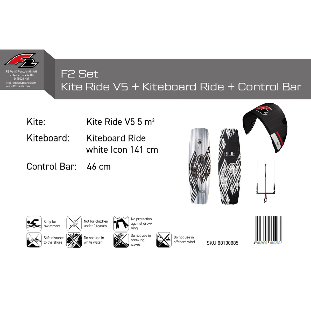F2 Set Kite Ride V5 with Kiteboard Ride White Icon and Control Bar Complete Set, Sizes Selectable