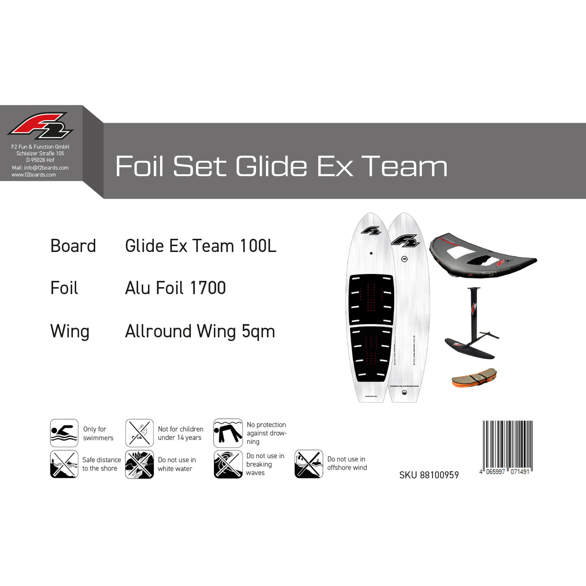F2 Set Foilboard Glide Ex Team 100L with Alloy Foil 1700 + Allround Wing 5sqm