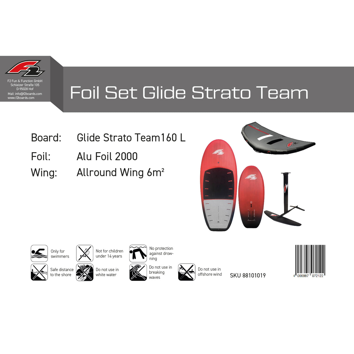 F2 Set Foilboard Glide Strato Team + Alu Limited Foil + Allround Wing Complete Set Sizes selectable