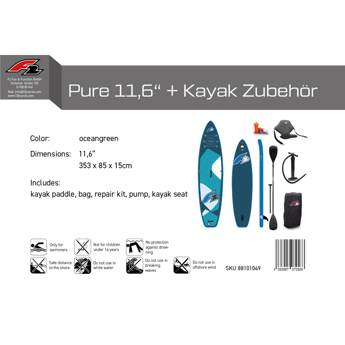 F2 SUP Stand Up Paddle Board Pure - Größe/Farbe/Zubehör wählbar
