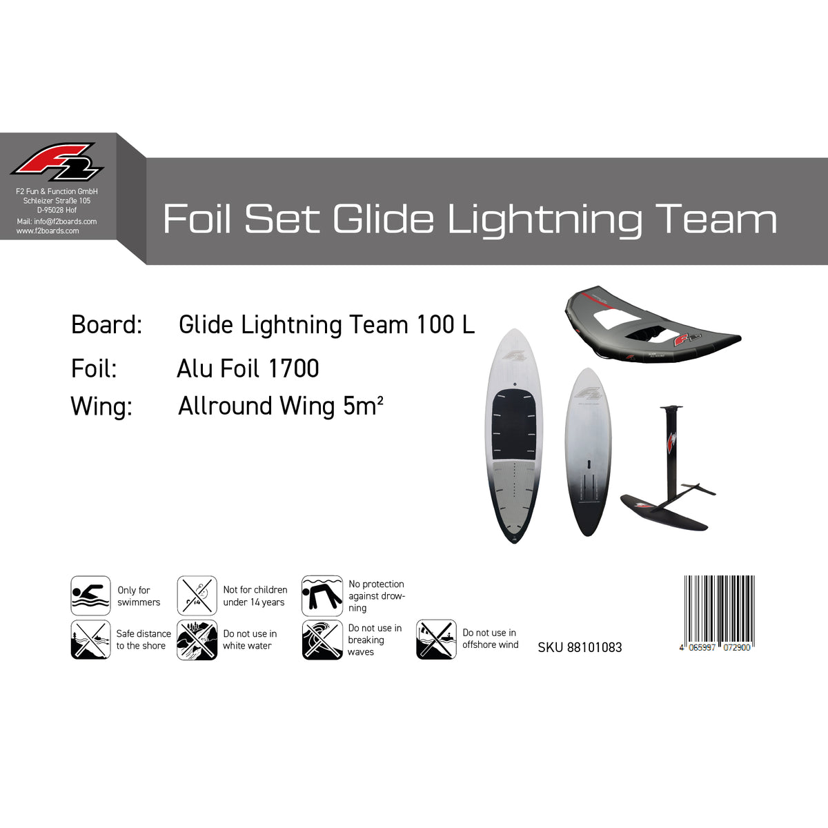 F2 Set Foilboard Lightning White 100L + Alloy Foil 1700 + Wing 5sqm