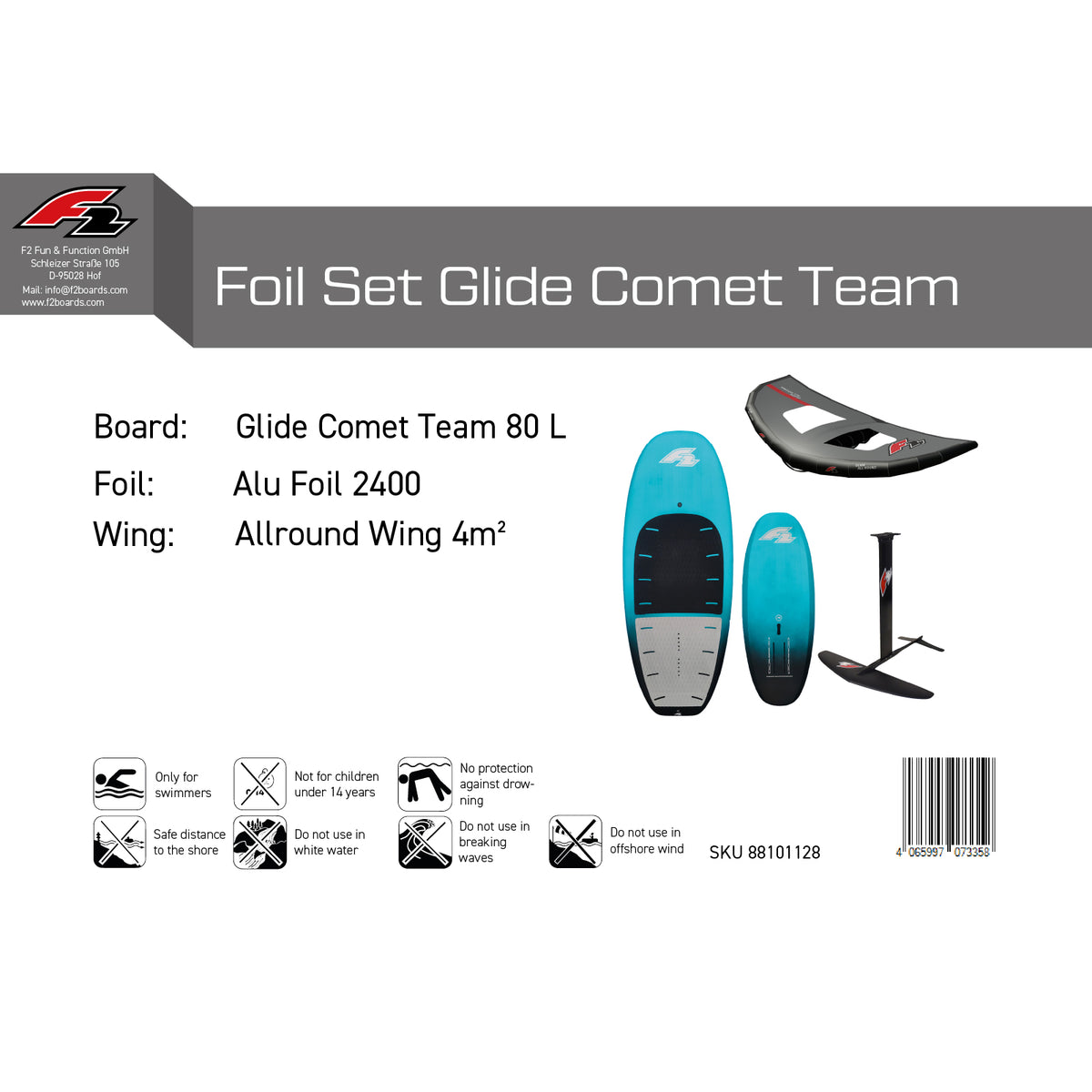 F2 Set Foilboard Comet Team Türkis 80L + Alu Foil 2400 + Wing 4qm
