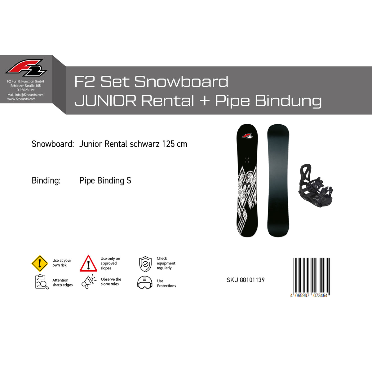 F2 Set Snowboard Junior Rental mit Pipe Bindung Komplettset Größen wählbar