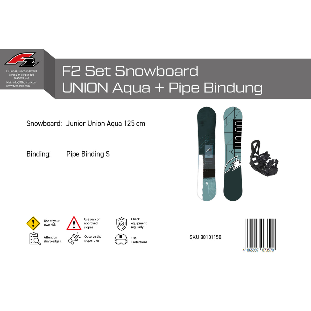 F2 Junior Snowboard Set Union Aqua with Pipe Binding Complete Set, sizes selectable