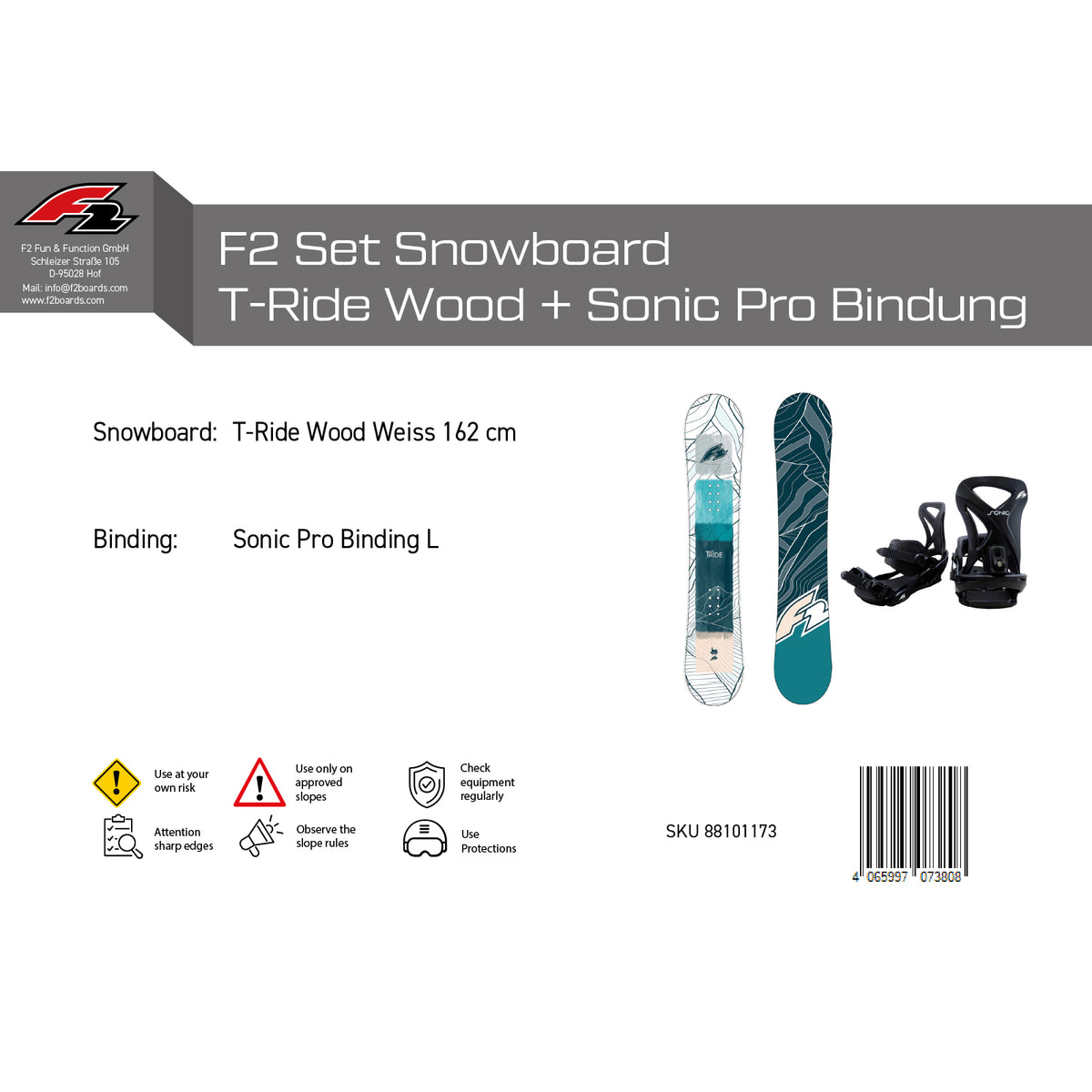 F2 Set Snowboard T-Ride Wood White + Sonic Pro Binding - Complete Set, Sizes Selectable