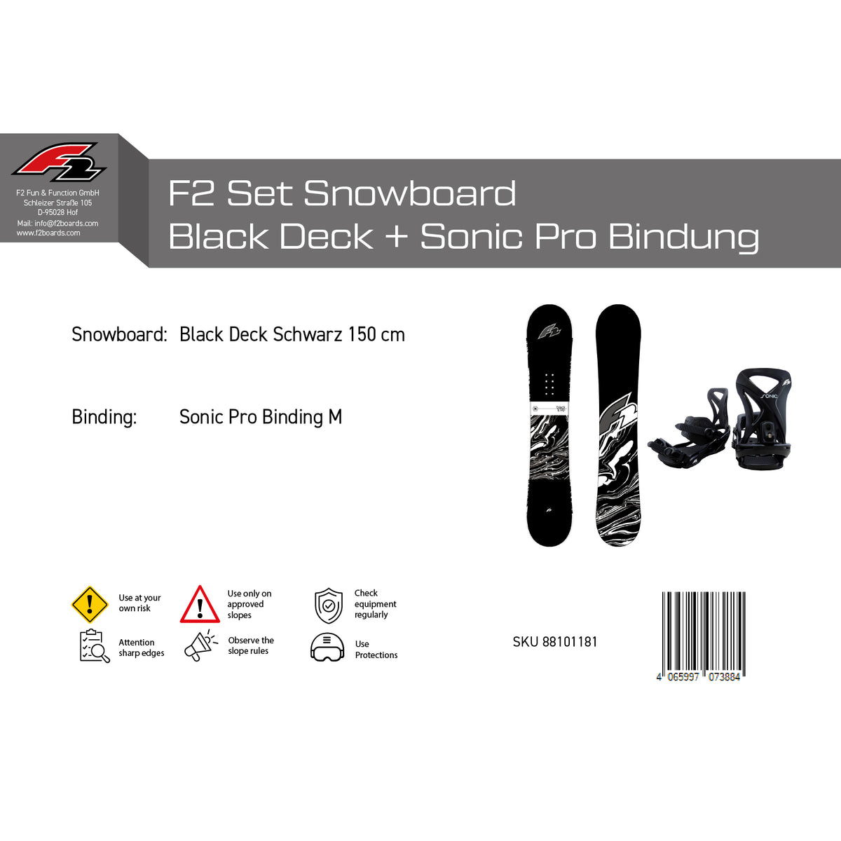F2 Set Snowboard Blackdeck Schwarz + Sonic Pro Bindung - Komplettset Größen wählbar