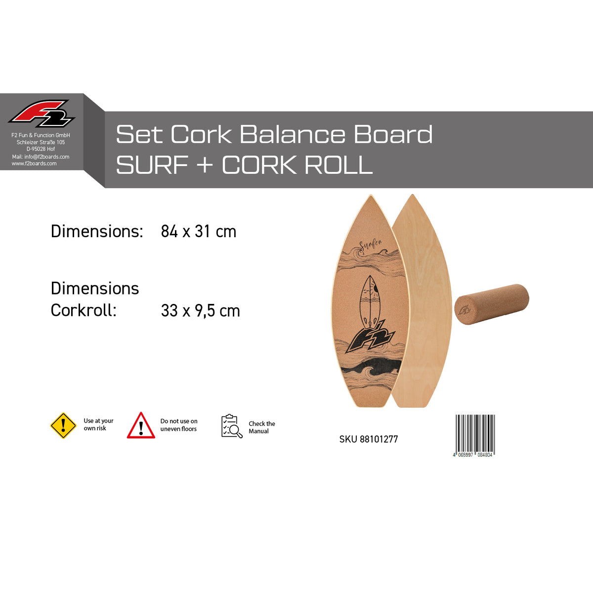 F2 Set Kork Balance Board Surf Flat Shape 84x31cm + Korkrolle