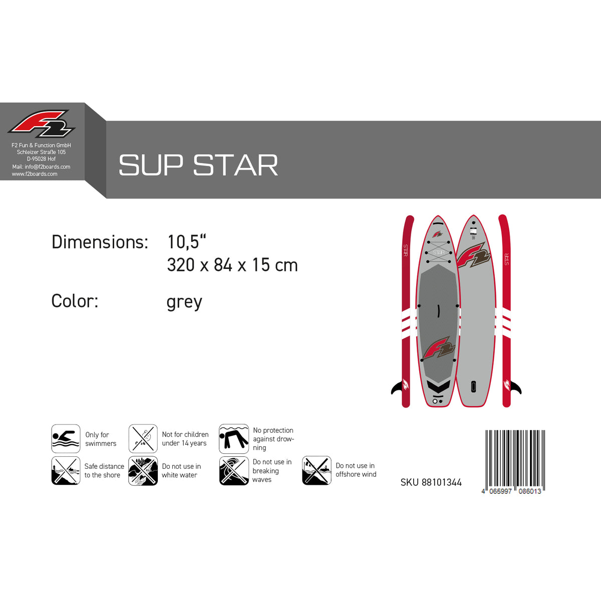 F2 SUP Stand Up Paddle Board ohne Zubehör Star Grau 320cm 10,5