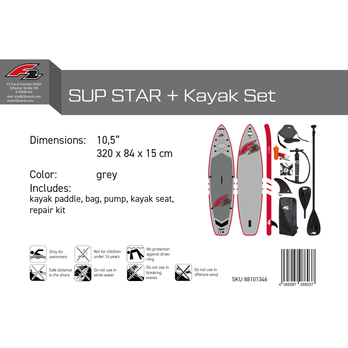 F2 Set Stand Up Paddle Board Star Grau 10,5 + Kajak Zubehör Paket